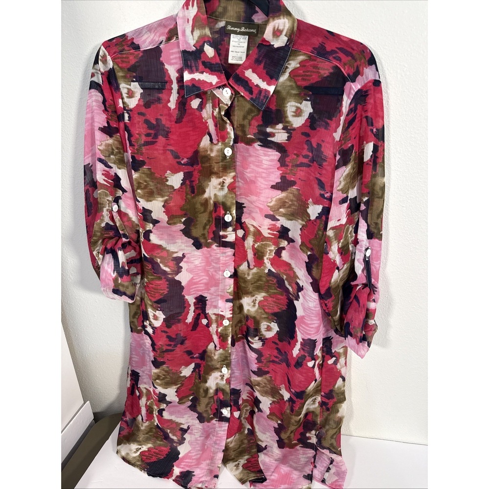 Tommy Bahama Women's Lg Pink Floral Sheer Buttons‎ L/S Coverup Swimwear T1
